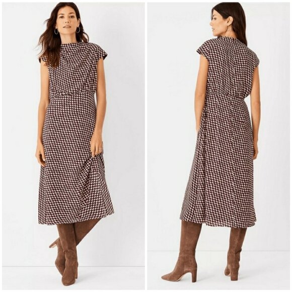 💕ANN TAYLOR💕 Houndstooth Blouson Flare Dress ~ Plum Rose 6 NWOT - Picture 2 of 15